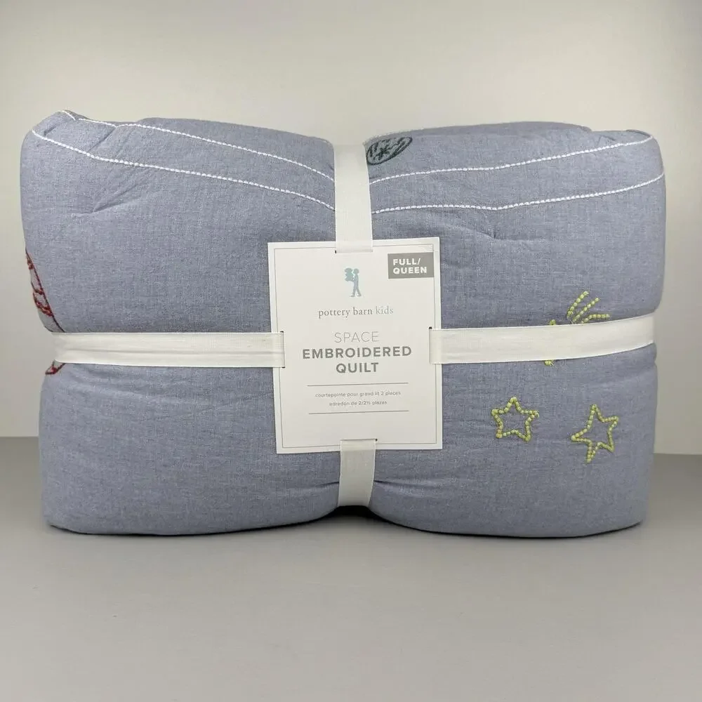 Pottery Barn Kids Space Embroidered Quilt FULL/QUEEN Chambray Blue Stars New